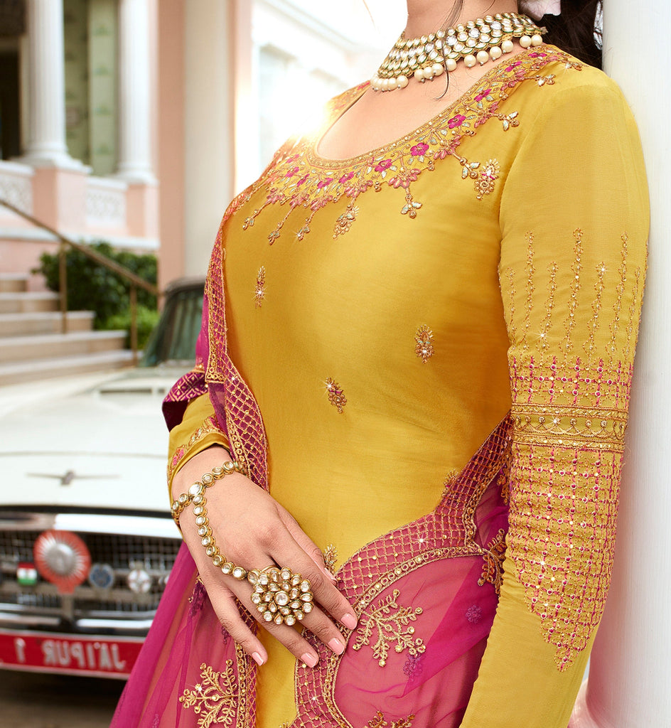 Golden Net Designer Sharara Salwar Kameez 43101 | Pakistani salwar kameez  designs, Party wear lehenga, Muslimah fashion